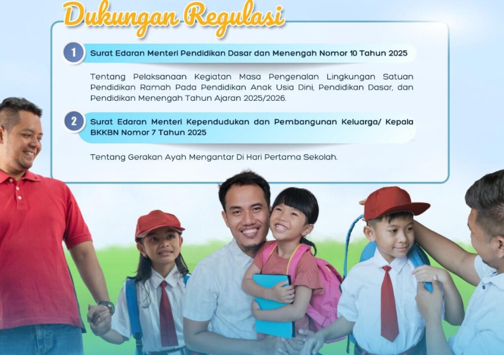 Ayah mengantar anak ke sekolah pada hari pertama tahun ajaran baru