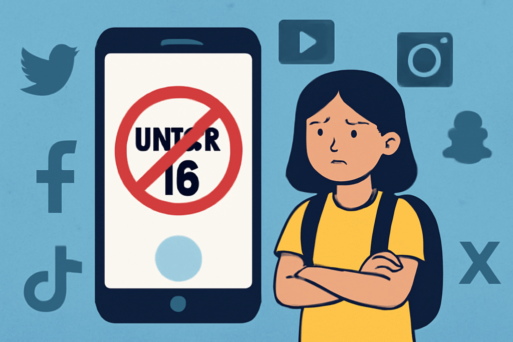 Ilustrasi pembatasan akses media sosial untuk anak-anak, menggambarkan larangan medsos bagi di bawah 16 tahun di Australia.